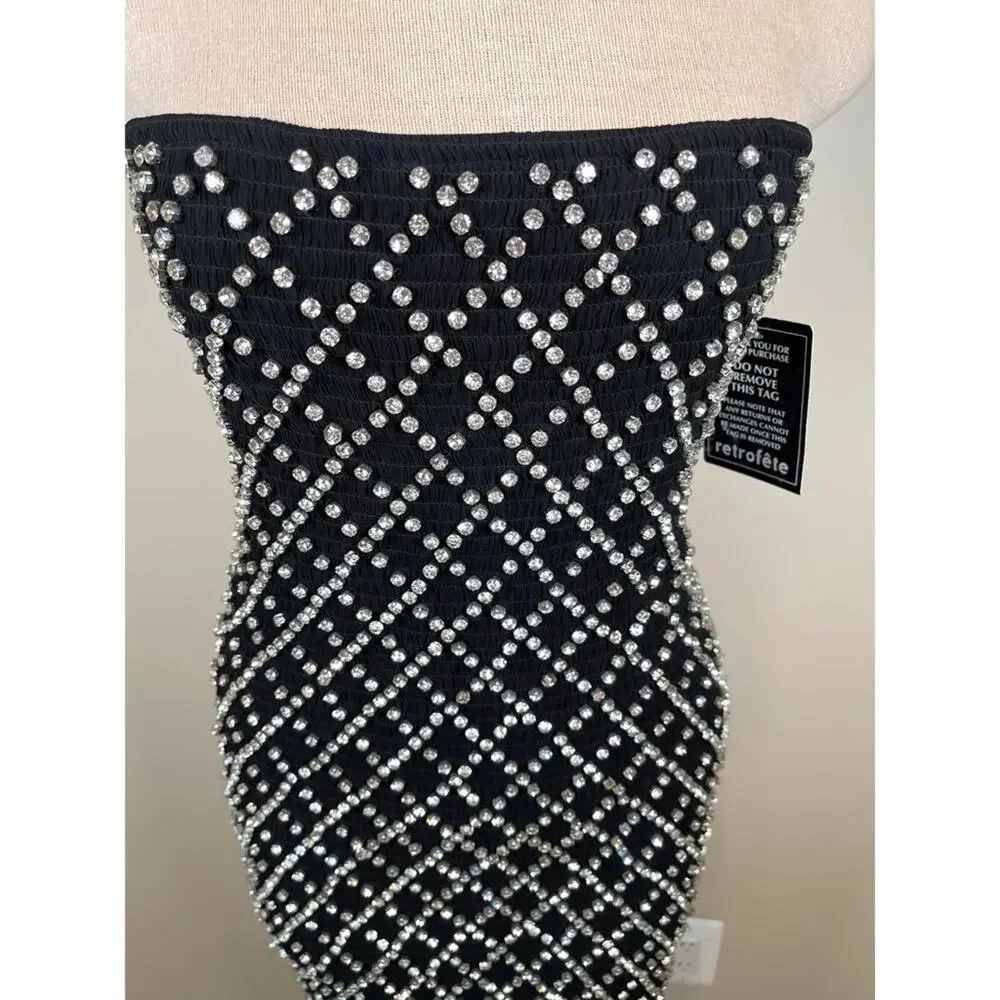 Retrofete Felicity Strapless Grid Crystal Embellished Black Mini Dress Sz M - Picture 7 of 11